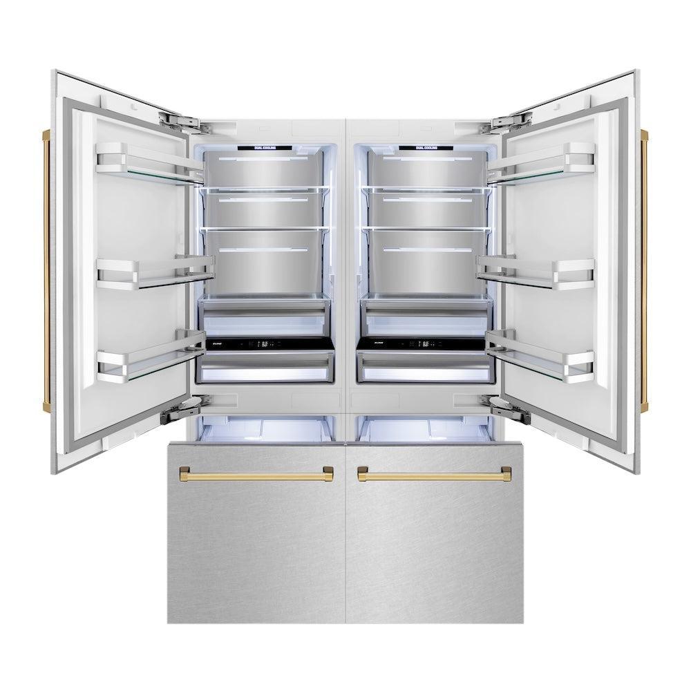 ZLINE Autograph Edition 60 in. 32.2 cu. ft. French Door Built-In Bottom Freezer Refrigerator with Water Dispenser and Ice Maker in Satin Stainless Steel with Polished Gold Accents (RBIVZ-SN-60-G)