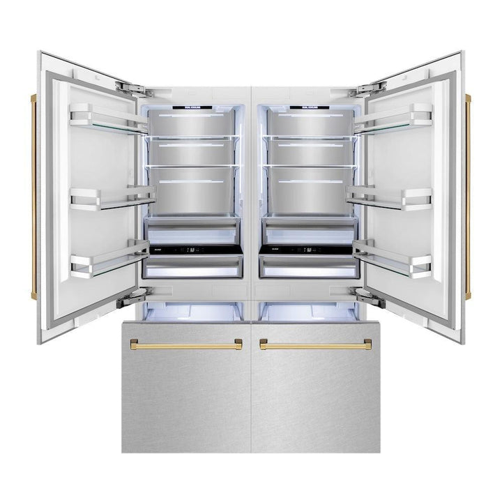ZLINE Autograph Edition 60 in. 32.2 cu. ft. French Door Built-In Bottom Freezer Refrigerator with Water Dispenser and Ice Maker in Satin Stainless Steel with Polished Gold Accents (RBIVZ-SN-60-G)