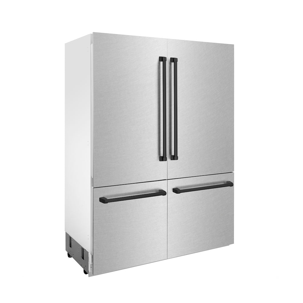 ZLINE Autograph Edition 60 in. 32.2 cu. ft. French Door Built-In Bottom Freezer Refrigerator with Water Dispenser and Ice Maker in Satin Stainless Steel with Matte Black Accents (RBIVZ-SN-60-MB)