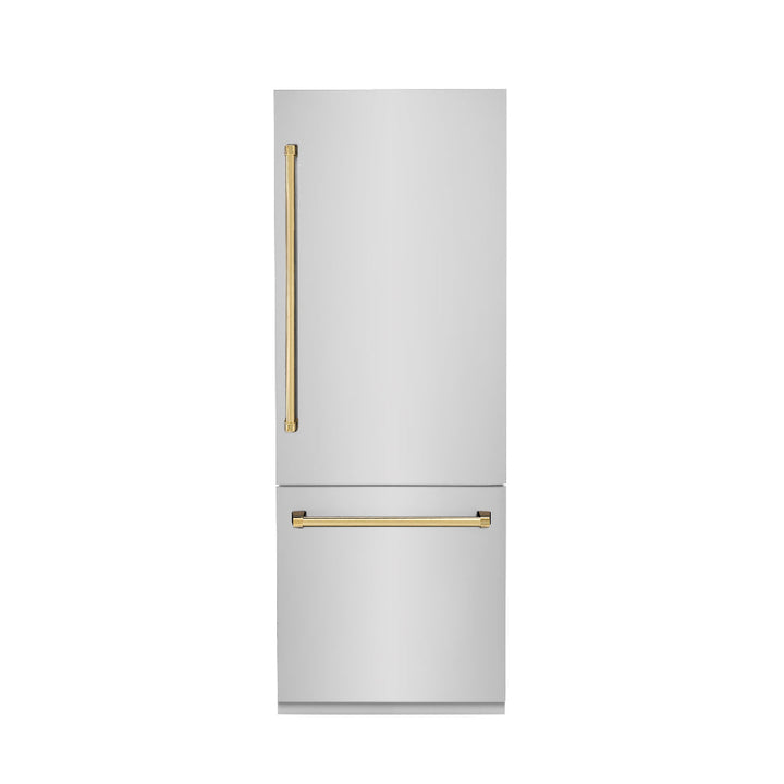 ZLINE Autograph Edition 30 in. 16.1 cu. ft. Built-In Bottom Freezer Refrigerator with Water Dispenser and Ice Maker in Stainless Steel with Polished Gold Accents (RBIVZ-304-30-G)