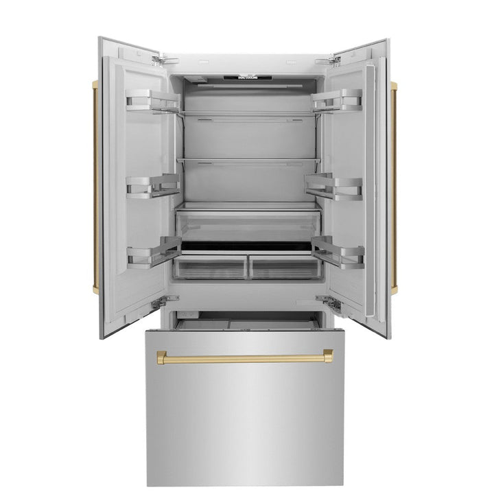 ZLINE Autograph Edition 36 in. 19.6 cu. ft. French Door Built-In Bottom Freezer Refrigerator with Water Dispenser and Ice Maker in Stainless Steel with Champagne Bronze Accents (RBIVZ-304-36-CB)