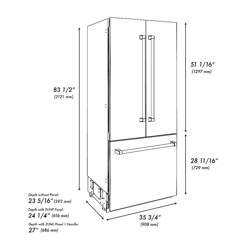 ZLINE Autograph Edition 36 in. 19.6 cu. ft. French Door Built-In Bottom Freezer Refrigerator with Water Dispenser and Ice Maker in Stainless Steel with Polished Gold Accents (RBIVZ-304-36-G)