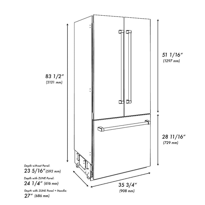 ZLINE Autograph Edition 36 in. 19.6 cu. ft. French Door Built-In Bottom Freezer Refrigerator with Water Dispenser and Ice Maker in Stainless Steel with Polished Gold Accents (RBIVZ-304-36-G)