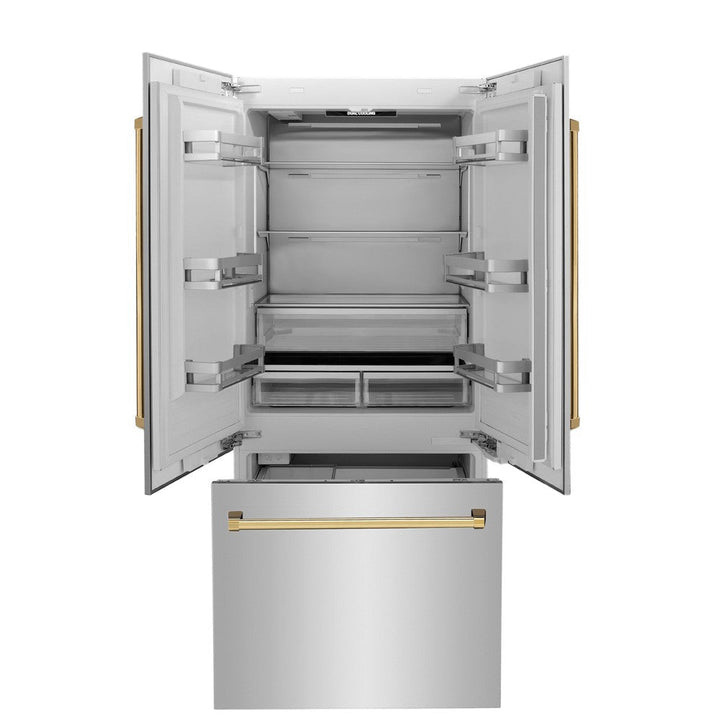 ZLINE Autograph Edition 36 in. 19.6 cu. ft. French Door Built-In Bottom Freezer Refrigerator with Water Dispenser and Ice Maker in Stainless Steel with Polished Gold Accents (RBIVZ-304-36-G)