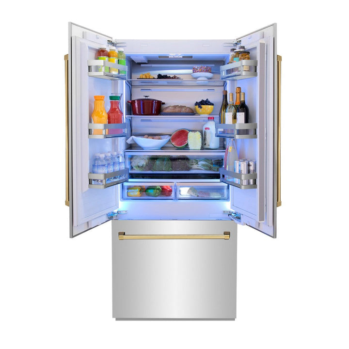 ZLINE Autograph Edition 36 in. 19.6 cu. ft. French Door Built-In Bottom Freezer Refrigerator with Water Dispenser and Ice Maker in Stainless Steel with Polished Gold Accents (RBIVZ-304-36-G)