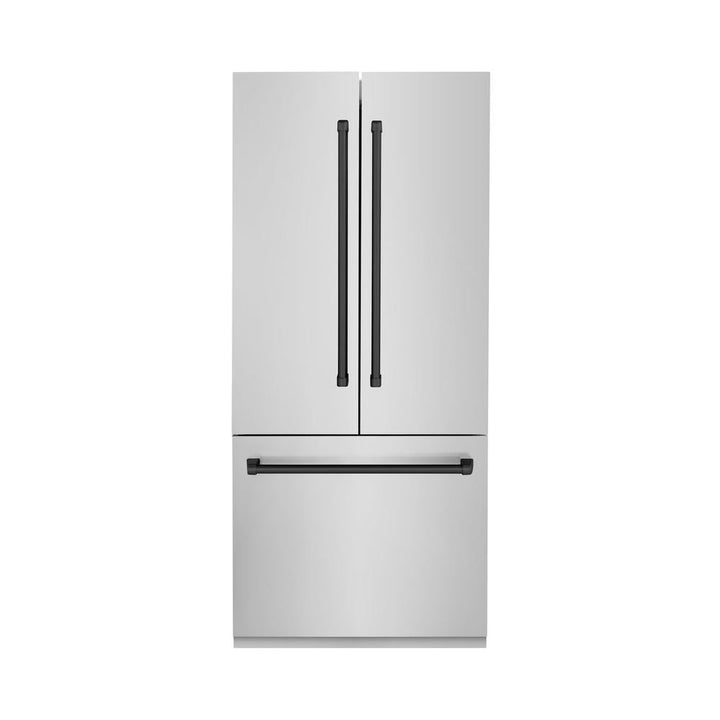 ZLINE Autograph Edition 36 in. 19.6 cu. ft. French Door Built-In Bottom Freezer Refrigerator with Water Dispenser and Ice Maker in Stainless Steel with Matte Black Accents (RBIVZ-304-36-MB)