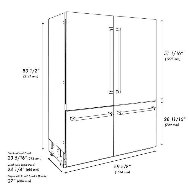 ZLINE Autograph 60" Built-In Refrigerator with Internal Water and Ice Dispenser in Stainless Steel and Gold Accents