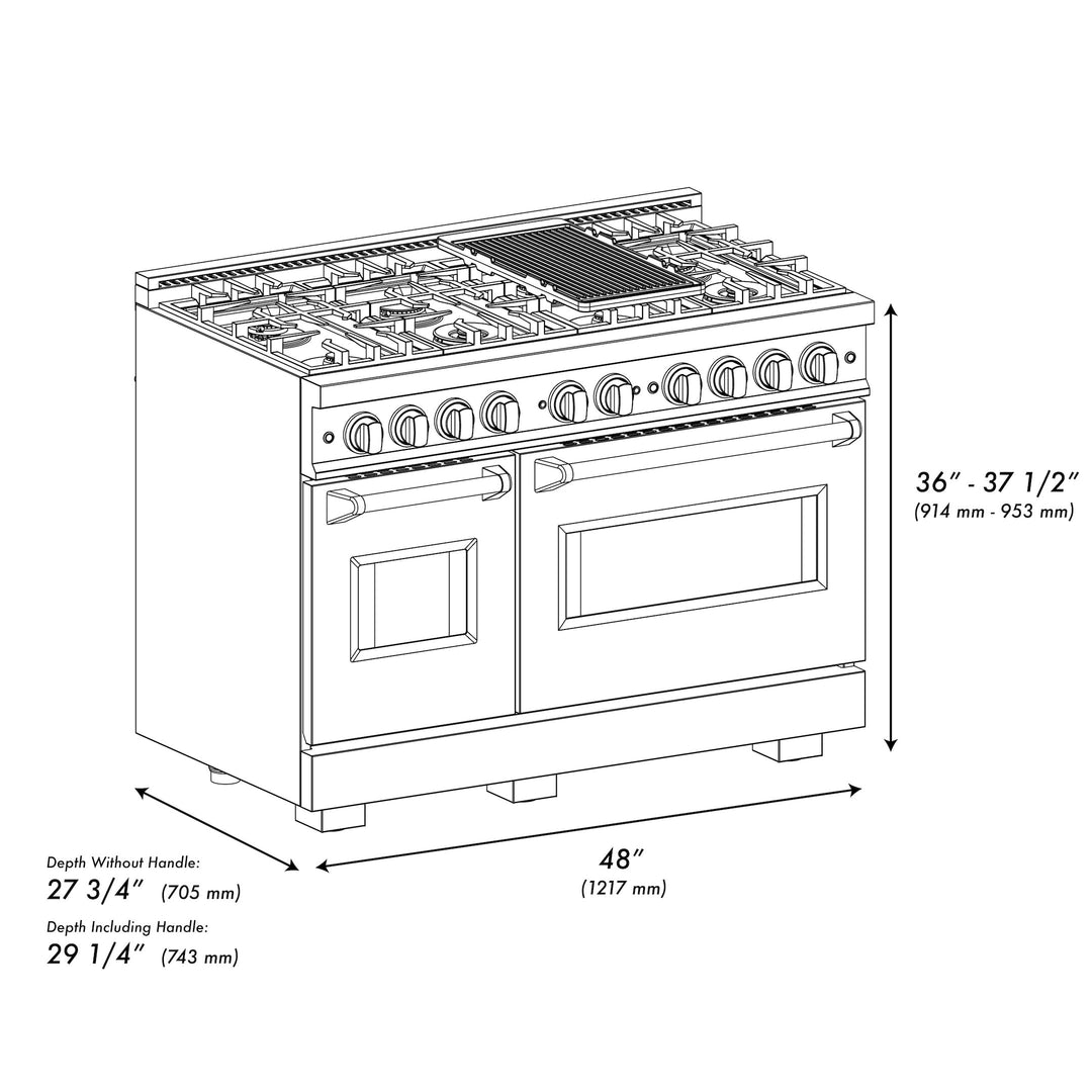 ZLINE Autograph 48" 6.7 cu. ft. Classic Double Oven Dual Fuel Range with 8 Burners in Black Stainless Steel and Champagne Bronze Accents, CDRBZ-48-CB