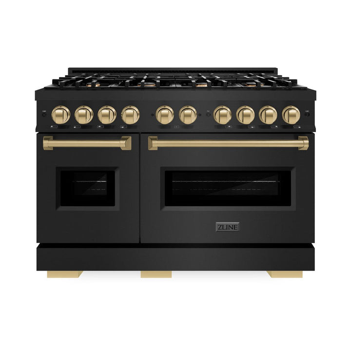 ZLINE Autograph 48" 6.7 cu. ft. Classic Double Oven Dual Fuel Range with 8 Burners in Black Stainless Steel and Champagne Bronze Accents, CDRBZ-48-CB