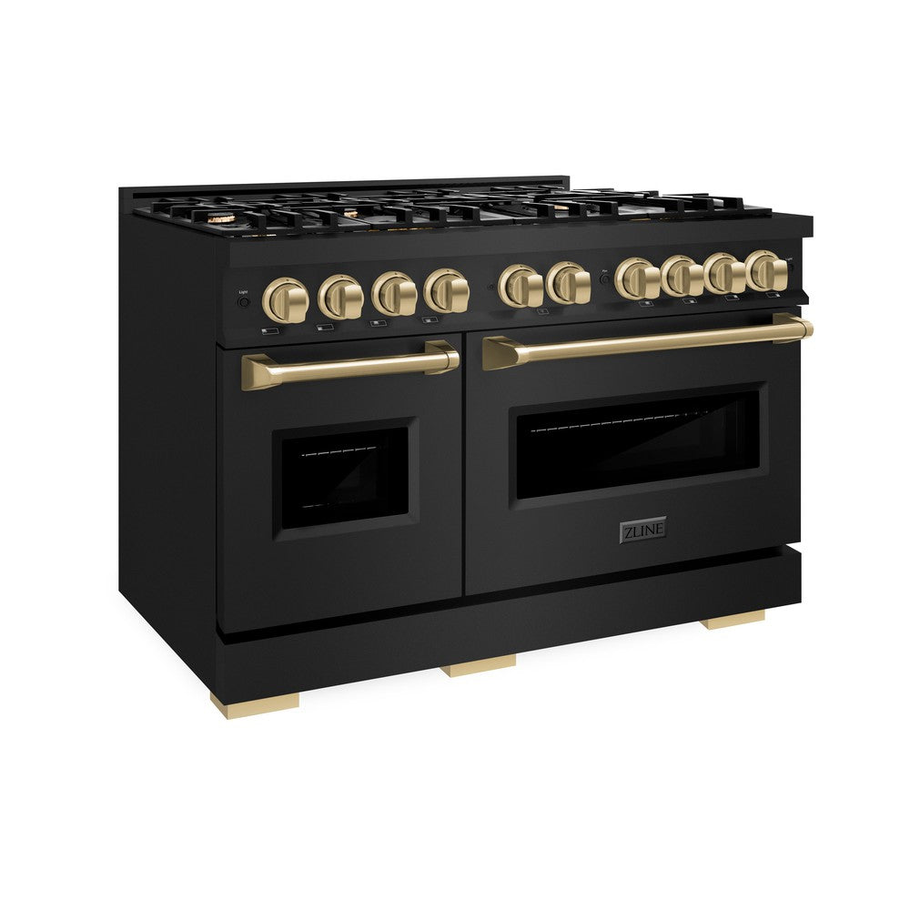 ZLINE Autograph 48" 6.7 cu. ft. Classic Double Oven Dual Fuel Range with 8 Burners in Black Stainless Steel and Champagne Bronze Accents, CDRBZ-48-CB