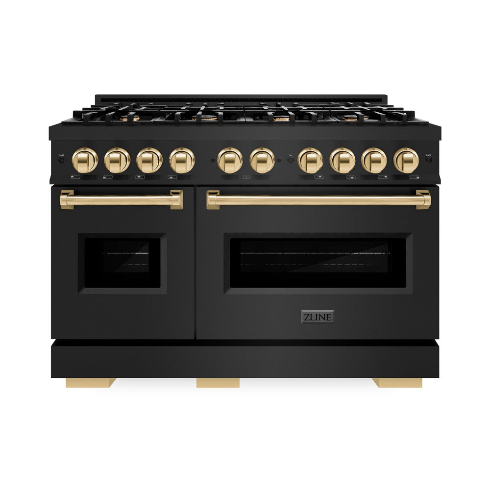 ZLINE Autograph 48" 6.7 cu. ft. Classic Double Oven Dual Fuel Range with 8 Burners in Black Stainless Steel and Polished Gold Accents, CDRBZ-48-G