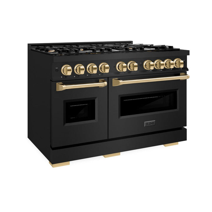 ZLINE Autograph 48" 6.7 cu. ft. Classic Double Oven Dual Fuel Range with 8 Burners in Black Stainless Steel and Polished Gold Accents, CDRBZ-48-G