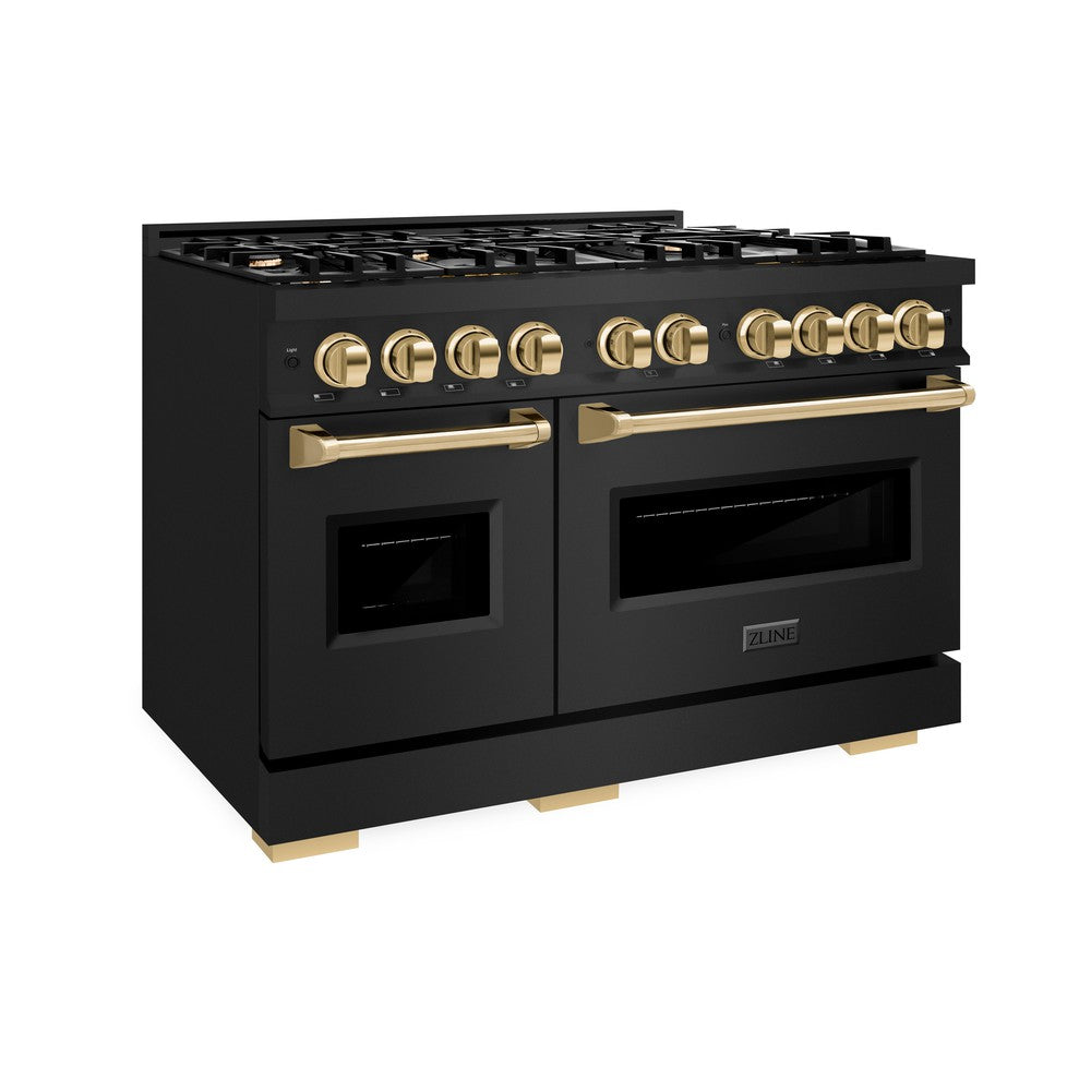 ZLINE Autograph 48" 6.7 cu. ft. Classic Double Oven Gas Range with 8 Burners in Black Stainless Steel and Polished Gold Accents, CGRBZ-48-G