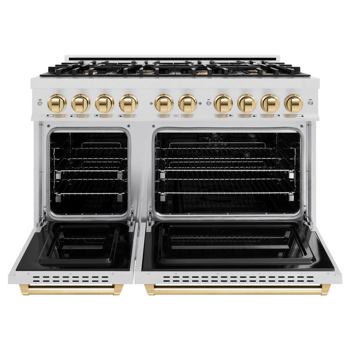 ZLINE Autograph 48" 6.7 cu. ft. Classic Double Oven Dual Fuel Range with 8 Burners in DuraSnow® Stainless Steel and Polished Gold Accents, CDRSZ-48-G