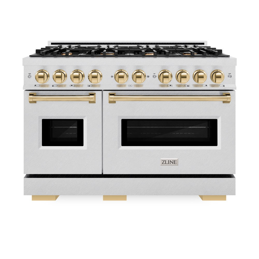 ZLINE Autograph 48" 6.7 cu. ft. Classic Double Oven Dual Fuel Range with 8 Burners in DuraSnow® Stainless Steel and Polished Gold Accents, CDRSZ-48-G