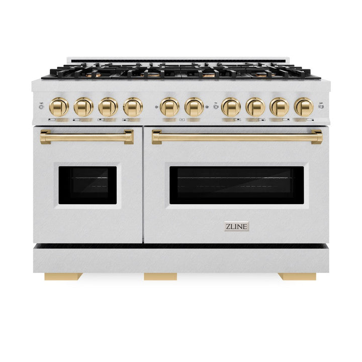 ZLINE Autograph 48" 6.7 cu. ft. Classic Double Oven Dual Fuel Range with 8 Burners in DuraSnow® Stainless Steel and Polished Gold Accents, CDRSZ-48-G