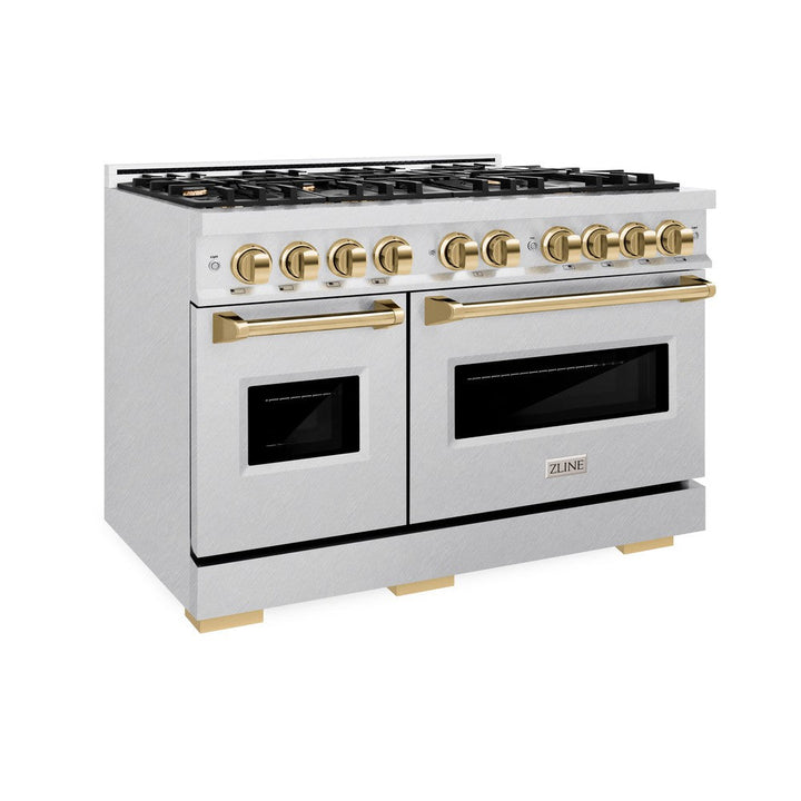 ZLINE Autograph 48" 6.7 cu. ft. Classic Double Oven Dual Fuel Range with 8 Burners in DuraSnow® Stainless Steel and Polished Gold Accents, CDRSZ-48-G