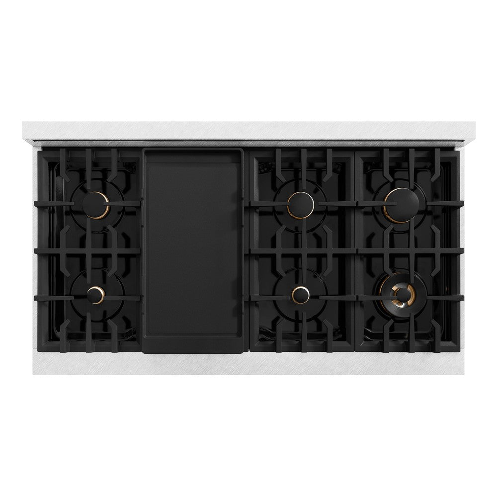 ZLINE Autograph 48" 6.7 cu. ft. Classic Double Oven Dual Fuel Range with 8 Burners in DuraSnow® Stainless Steel and Polished Gold Accents, CDRSZ-48-G