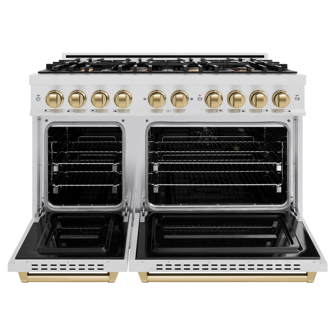 ZLINE Autograph 48" 6.7 cu. ft. Classic Double Oven Gas Range with 8 Burners in DuraSnow® Stainless Steel and Champagne Bronze Accents, CGRSZ-48-CB