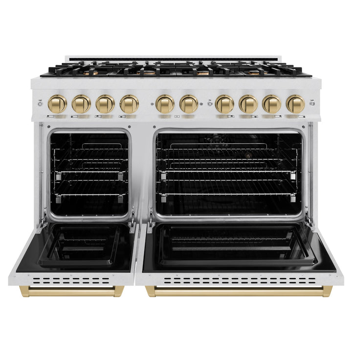 ZLINE Autograph 48" 6.7 cu. ft. Classic Double Oven Gas Range with 8 Burners in DuraSnow® Stainless Steel and Champagne Bronze Accents, CGRSZ-48-CB