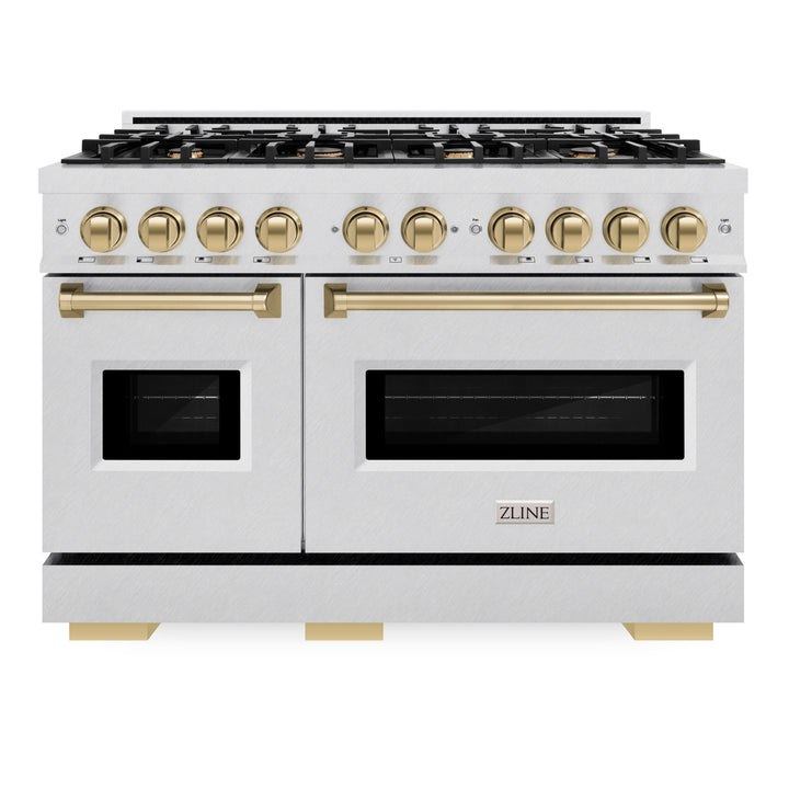 ZLINE Autograph 48" 6.7 cu. ft. Classic Double Oven Gas Range with 8 Burners in DuraSnow® Stainless Steel and Champagne Bronze Accents, CGRSZ-48-CB