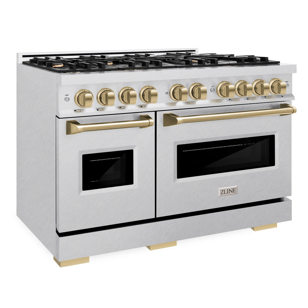 ZLINE Autograph 48" 6.7 cu. ft. Classic Double Oven Gas Range with 8 Burners in DuraSnow® Stainless Steel and Champagne Bronze Accents, CGRSZ-48-CB