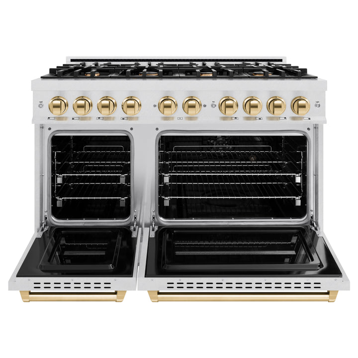 ZLINE Autograph 48" 6.7 cu. ft. Classic Double Oven Gas Range with 8 Burners in DuraSnow® Stainless Steel and Polished Gold Accents, CGRSZ-48-G