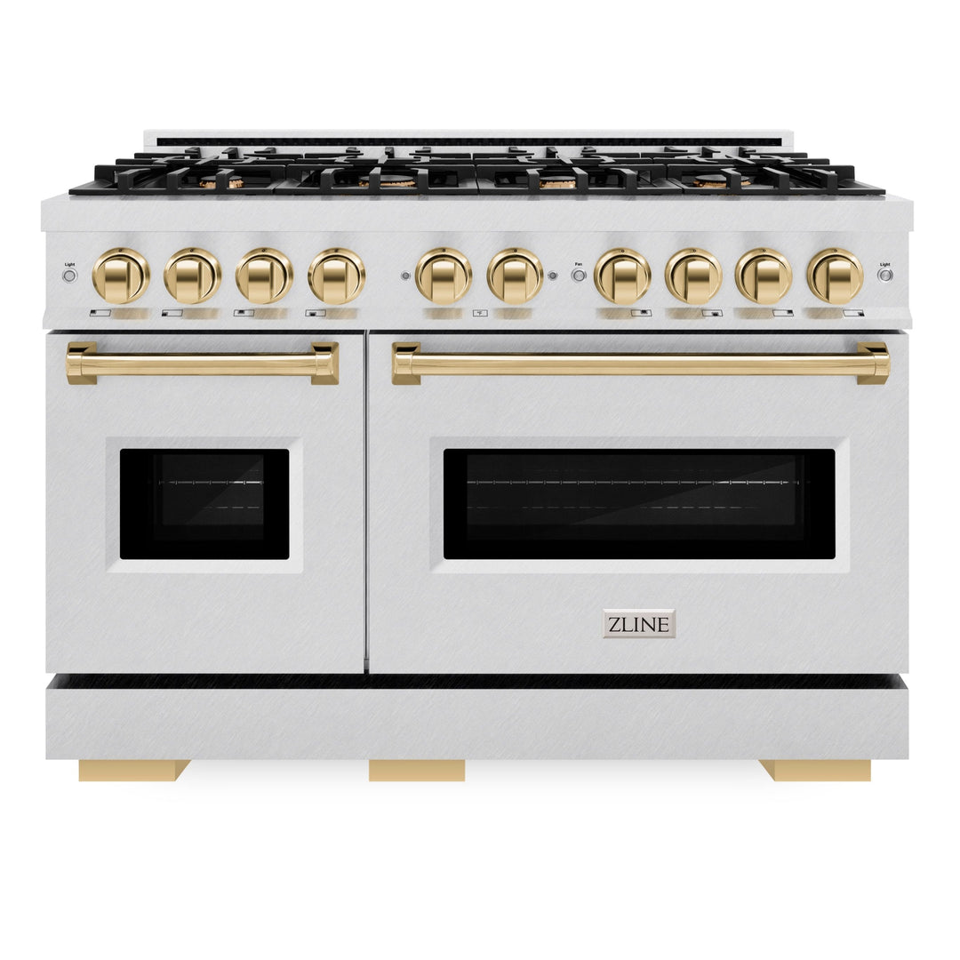 ZLINE Autograph 48" 6.7 cu. ft. Classic Double Oven Gas Range with 8 Burners in DuraSnow® Stainless Steel and Polished Gold Accents, CGRSZ-48-G