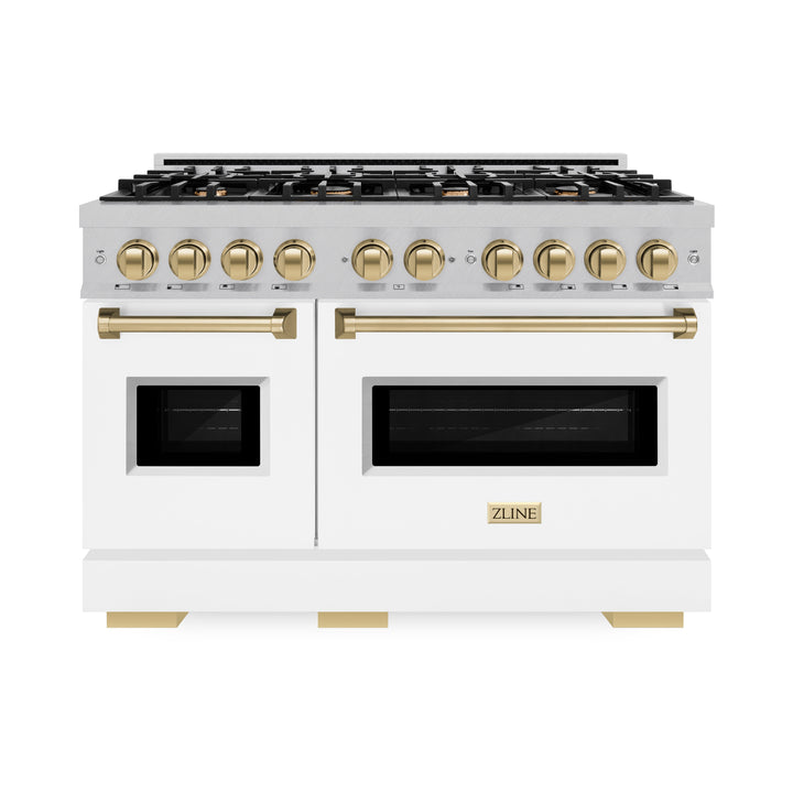 ZLINE Autograph 48" 6.7 cu. ft. Classic Double Oven Gas Range with 8 Burners in DuraSnow® Stainless Steel with White Matte Doors and Champagne Bronze Accents, CGRSZ-WM-48-CB