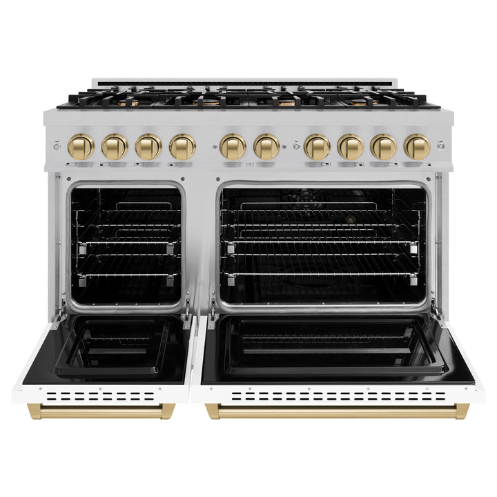 ZLINE Autograph 48" 6.7 cu. ft. Classic Double Oven Gas Range with 8 Burners in DuraSnow® Stainless Steel with White Matte Doors and Champagne Bronze Accents, CGRSZ-WM-48-CB