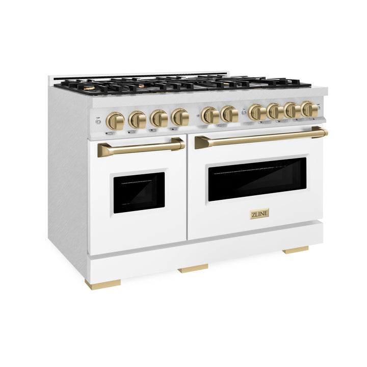 ZLINE Autograph 48" 6.7 cu. ft. Classic Double Oven Gas Range with 8 Burners in DuraSnow® Stainless Steel with White Matte Doors and Champagne Bronze Accents, CGRSZ-WM-48-CB