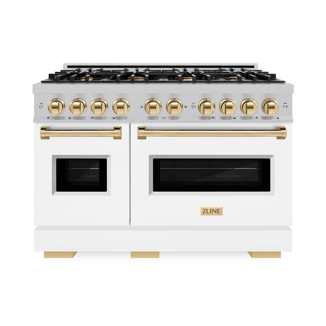 ZLINE Autograph 48" 6.7 cu. ft. Classic Double Oven Gas Range with 8 Burners in DuraSnow® Stainless Steel with White Matte Doors and Polished Gold Accents, CGRSZ-WM-48-G