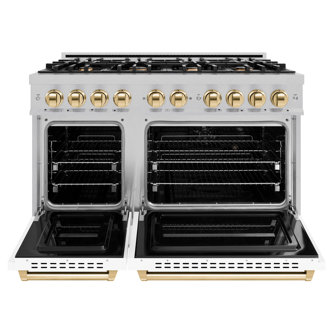 ZLINE Autograph 48" 6.7 cu. ft. Classic Double Oven Gas Range with 8 Burners in DuraSnow® Stainless Steel with White Matte Doors and Polished Gold Accents, CGRSZ-WM-48-G