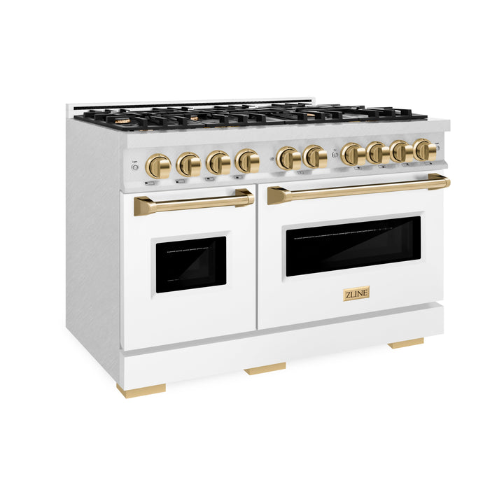 ZLINE Autograph 48" 6.7 cu. ft. Classic Double Oven Gas Range with 8 Burners in DuraSnow® Stainless Steel with White Matte Doors and Polished Gold Accents, CGRSZ-WM-48-G