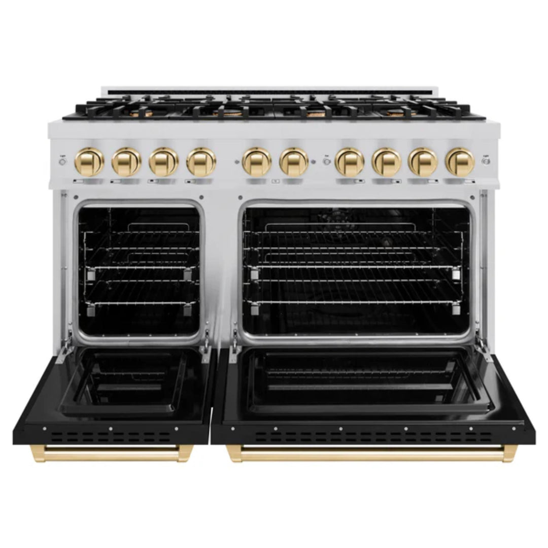 ZLINE Autograph Edition Classic Dual Fuel Ranges with Black Matte Doors and Polished Gold Accents