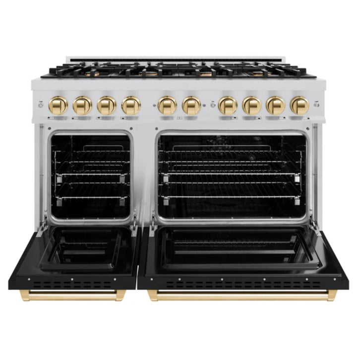 ZLINE Autograph Edition Classic Dual Fuel Ranges with Black Matte Doors and Polished Gold Accents