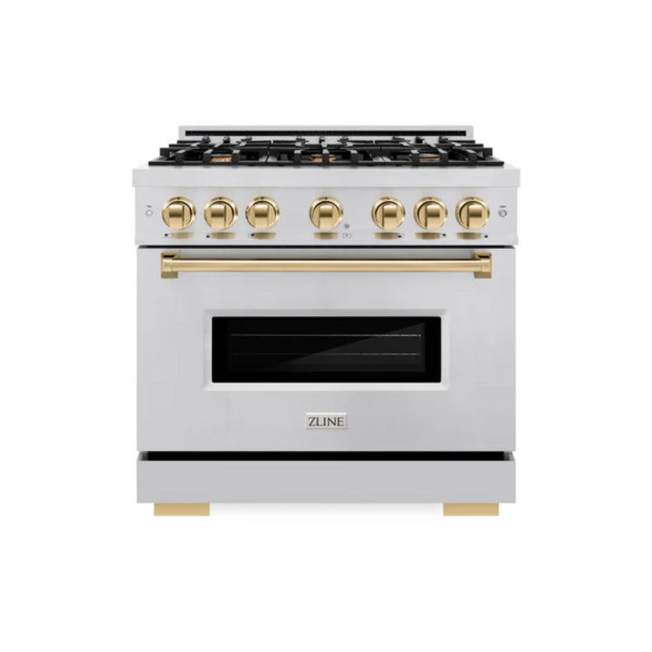 ZLINE Autograph Edition Classic Dual Fuel Ranges Burner Gas Cooktop and Electric Convection Oven in Stainless Steel with Polished Gold Accents