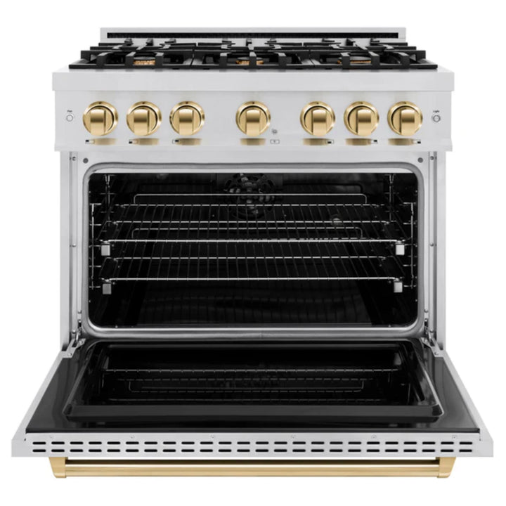ZLINE Autograph Edition Classic Dual Fuel Ranges Burner Gas Cooktop and Electric Convection Oven in Stainless Steel with Polished Gold Accents
