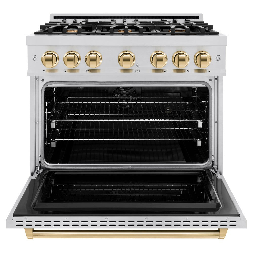 ZLINE Autograph 36" 5.2 cu. ft. Classic Dual Fuel Range with 6 Burners in Stainless Steel with Polished Gold Accents, CDRZ-36-G