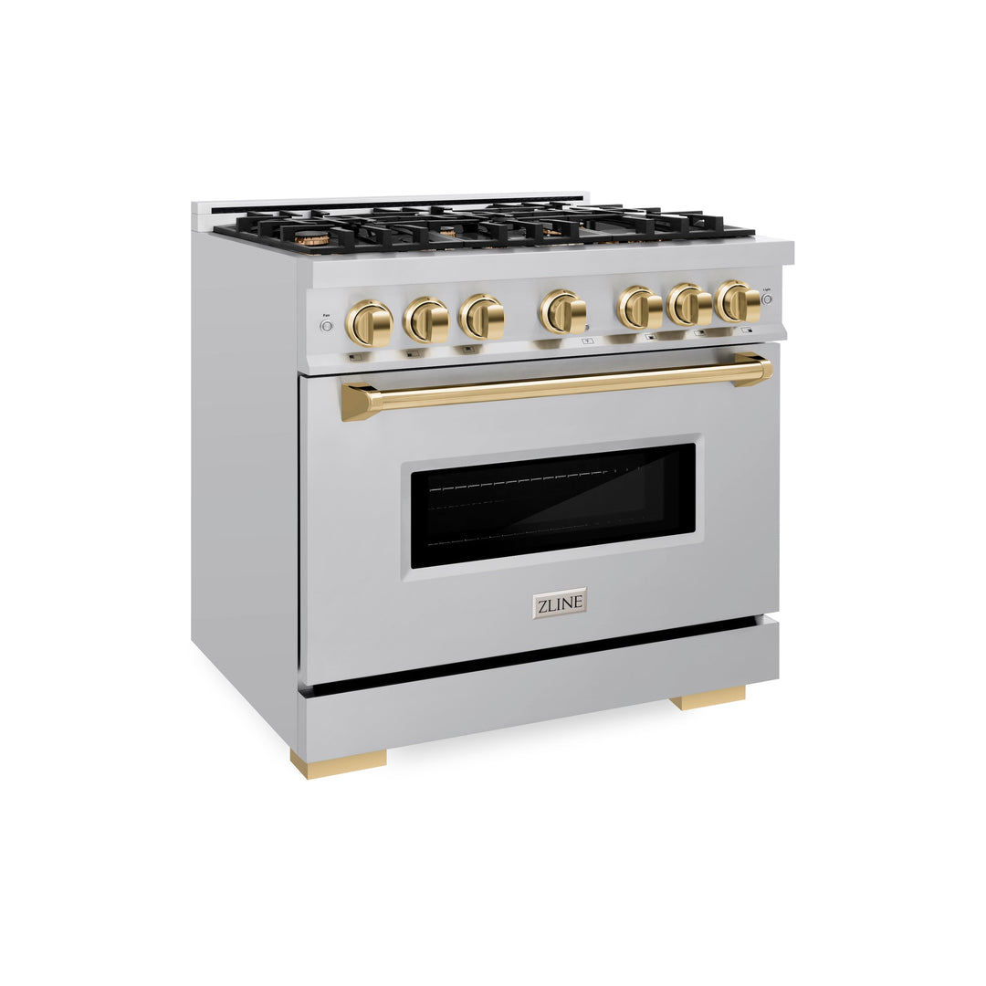 ZLINE Autograph 36" 5.2 cu. ft. Classic Dual Fuel Range with 6 Burners in Stainless Steel with Polished Gold Accents, CDRZ-36-G