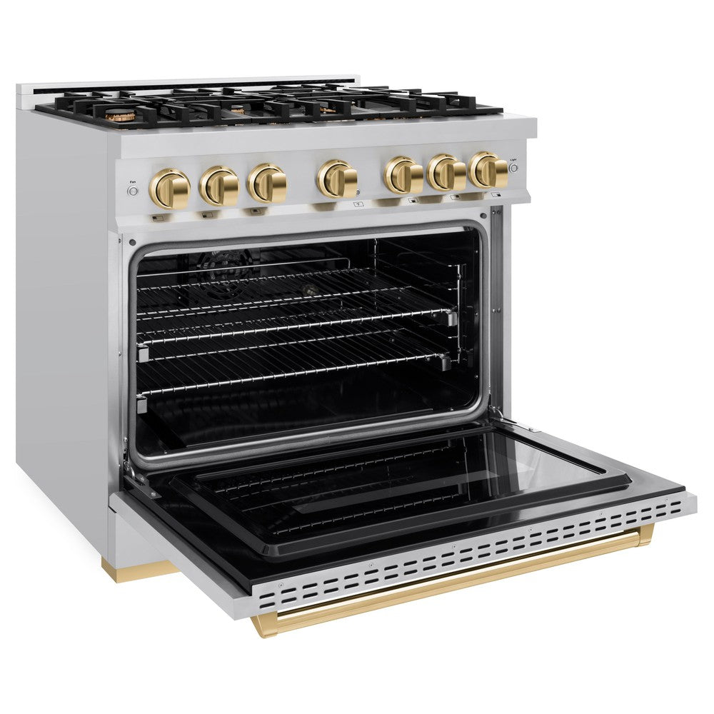 ZLINE Autograph 36" 5.2 cu. ft. Classic Dual Fuel Range with 6 Burners in Stainless Steel with Polished Gold Accents, CDRZ-36-G