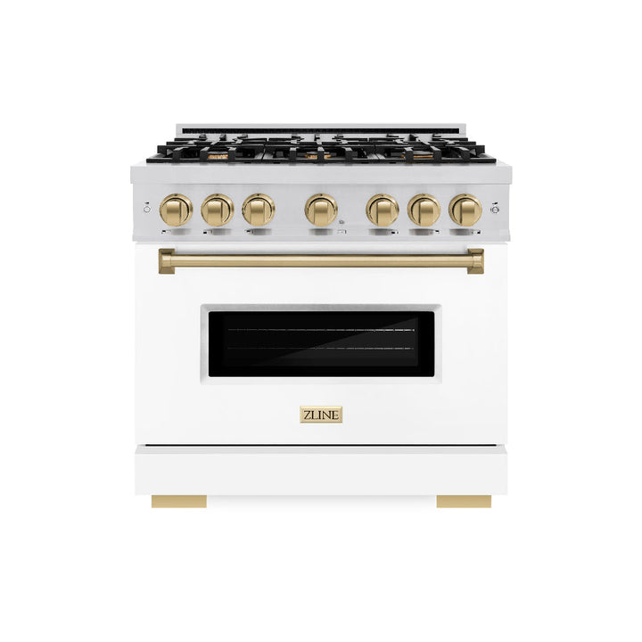 ZLINE Autograph 36" 5.2 cu. ft. Classic Dual Fuel Range with 6 Burners in Stainless Steel with White Matte Door and Champagne Bronze Accents, CDRZ-WM-36-CB