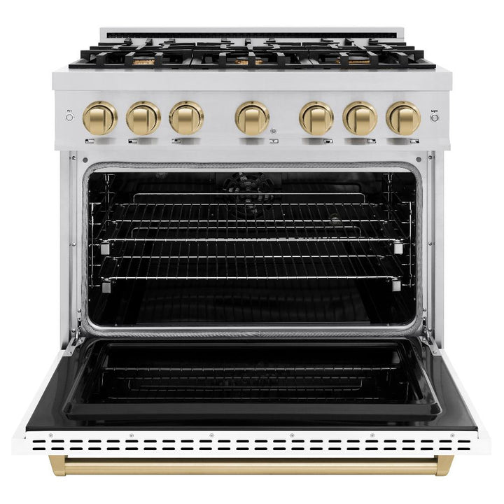 ZLINE Autograph 36" 5.2 cu. ft. Classic Dual Fuel Range with 6 Burners in Stainless Steel with White Matte Door and Champagne Bronze Accents, CDRZ-WM-36-CB