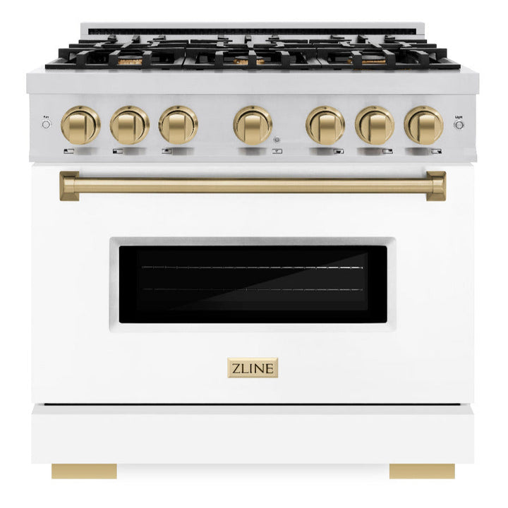 ZLINE Autograph 36" 5.2 cu. ft. Classic Dual Fuel Range with 6 Burners in Stainless Steel with White Matte Door and Champagne Bronze Accents, CDRZ-WM-36-CB