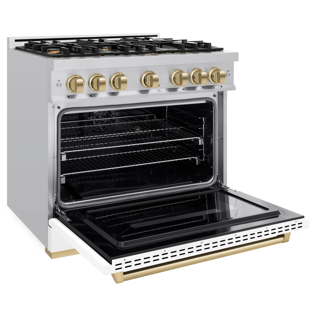 ZLINE Autograph 36" 5.2 cu. ft. Classic Dual Fuel Range with 6 Burners in Stainless Steel with White Matte Door and Champagne Bronze Accents, CDRZ-WM-36-CB