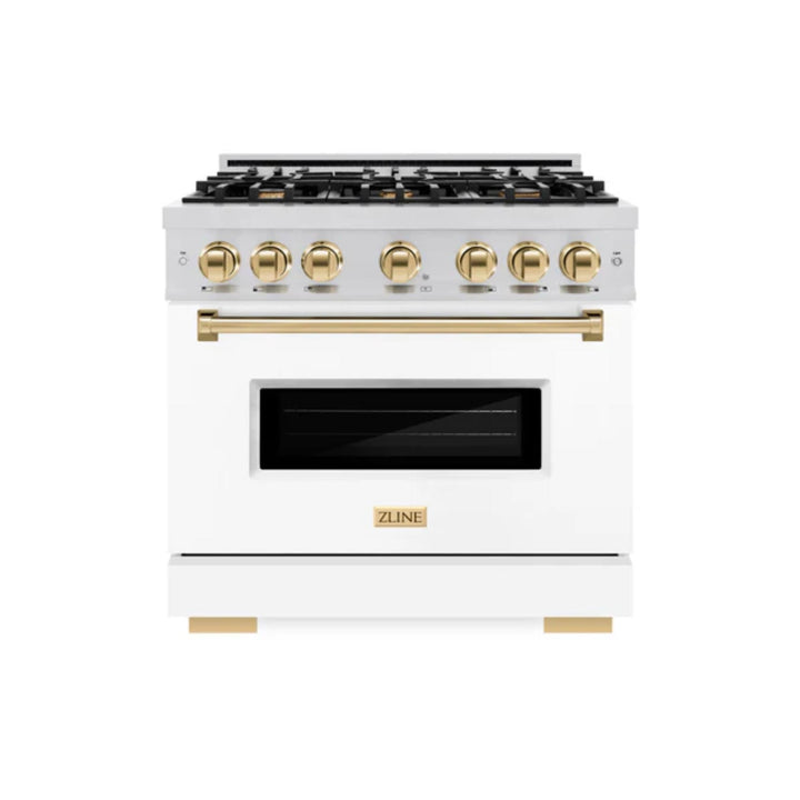 ZLINE Autograph Edition Classic Dual Fuel Ranges in White Matte with Polished Gold Accents