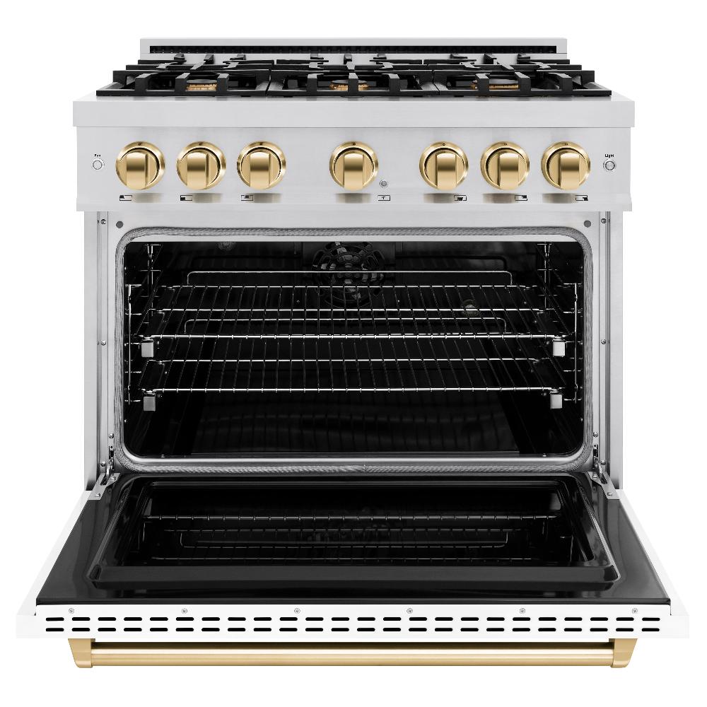 ZLINE Autograph 36" 5.2 cu. ft. Classic Dual Fuel Range with 6 Burners in Stainless Steel with White Matte Door and Polished Gold Accents, CDRZ-WM-36-G