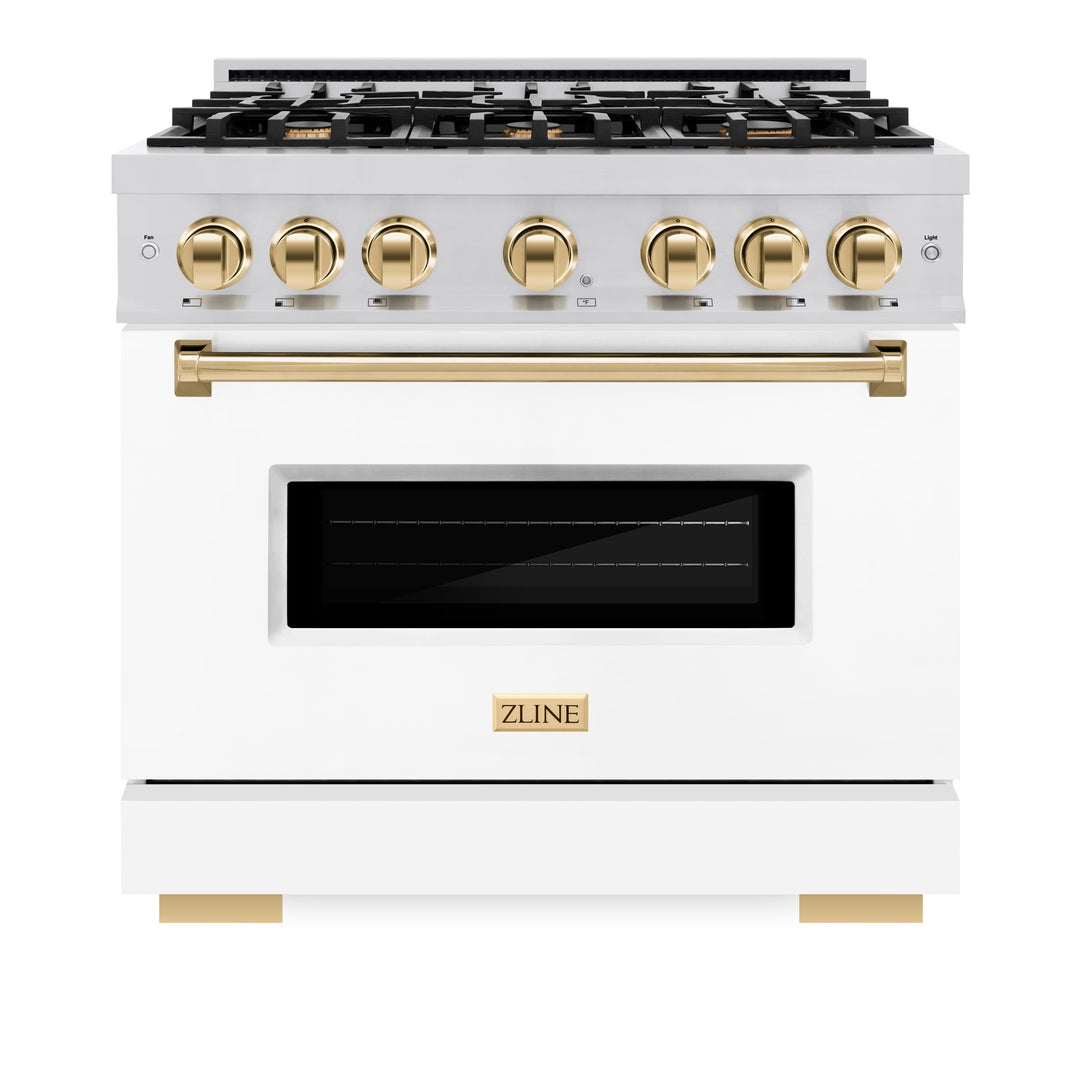 ZLINE Autograph 36" 5.2 cu. ft. Classic Dual Fuel Range with 6 Burners in Stainless Steel with White Matte Door and Polished Gold Accents, CDRZ-WM-36-G