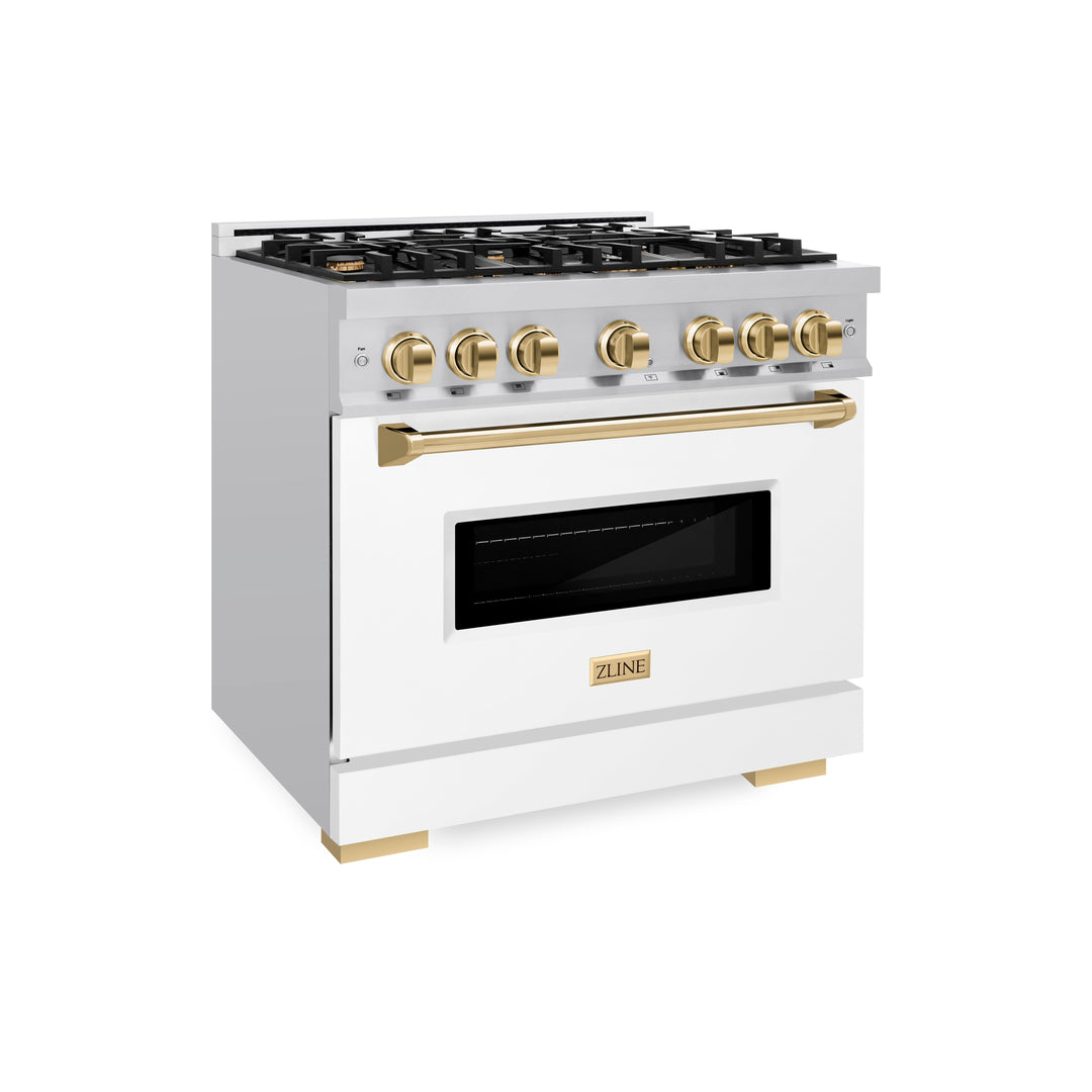 ZLINE Autograph 36" 5.2 cu. ft. Classic Dual Fuel Range with 6 Burners in Stainless Steel with White Matte Door and Polished Gold Accents, CDRZ-WM-36-G