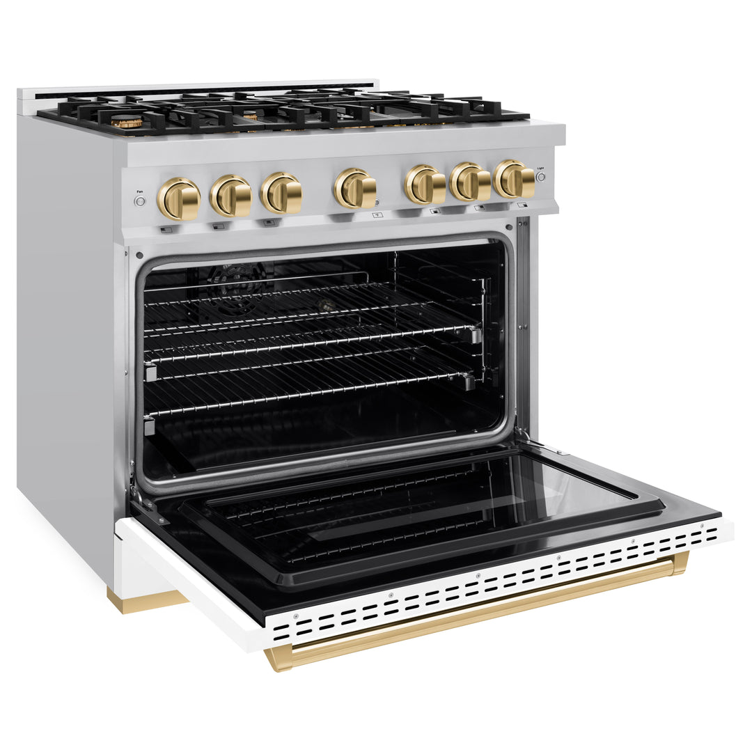 ZLINE Autograph 36" 5.2 cu. ft. Classic Dual Fuel Range with 6 Burners in Stainless Steel with White Matte Door and Polished Gold Accents, CDRZ-WM-36-G